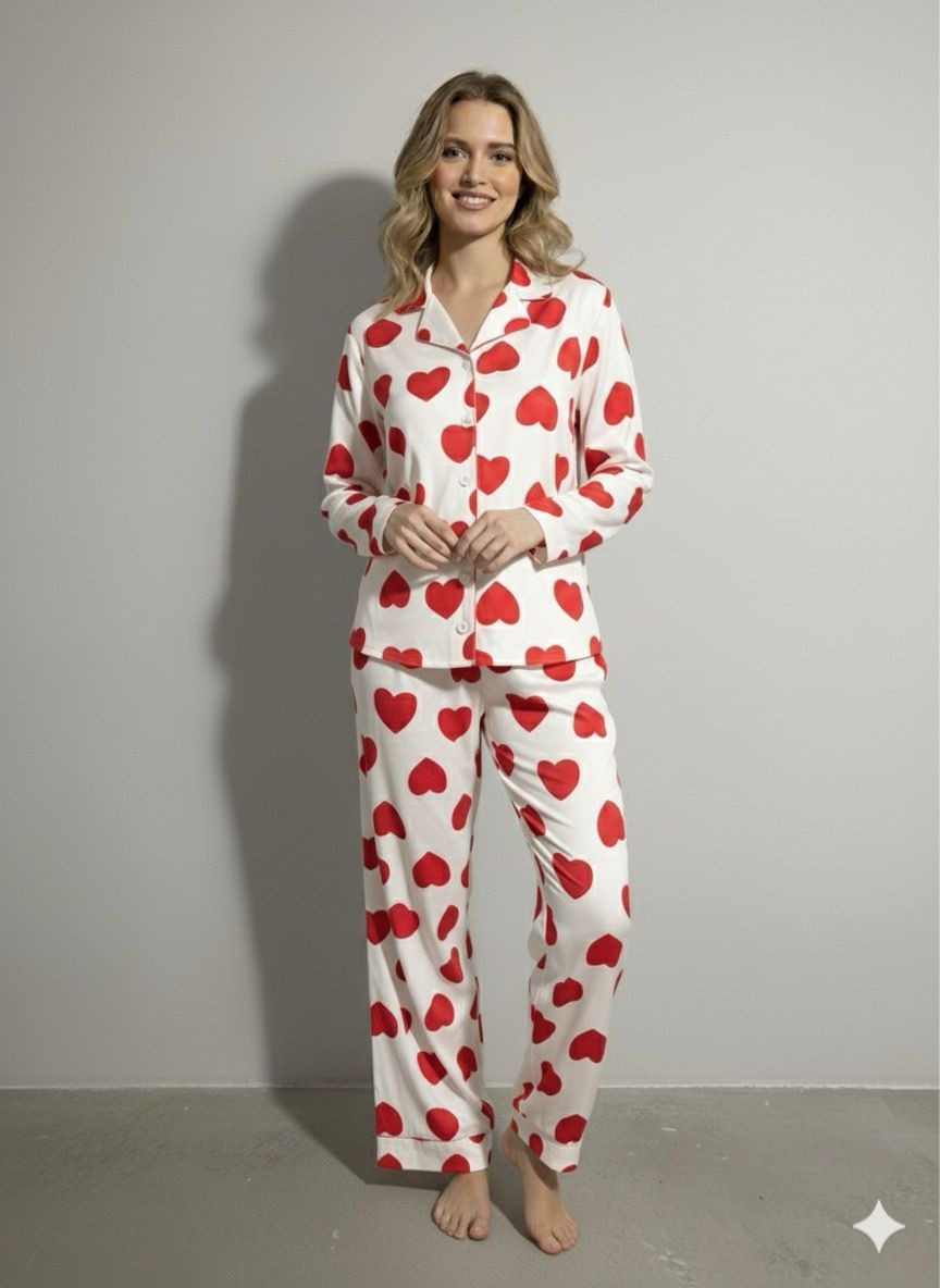 Kırmızı kalp desenli pijama takımı